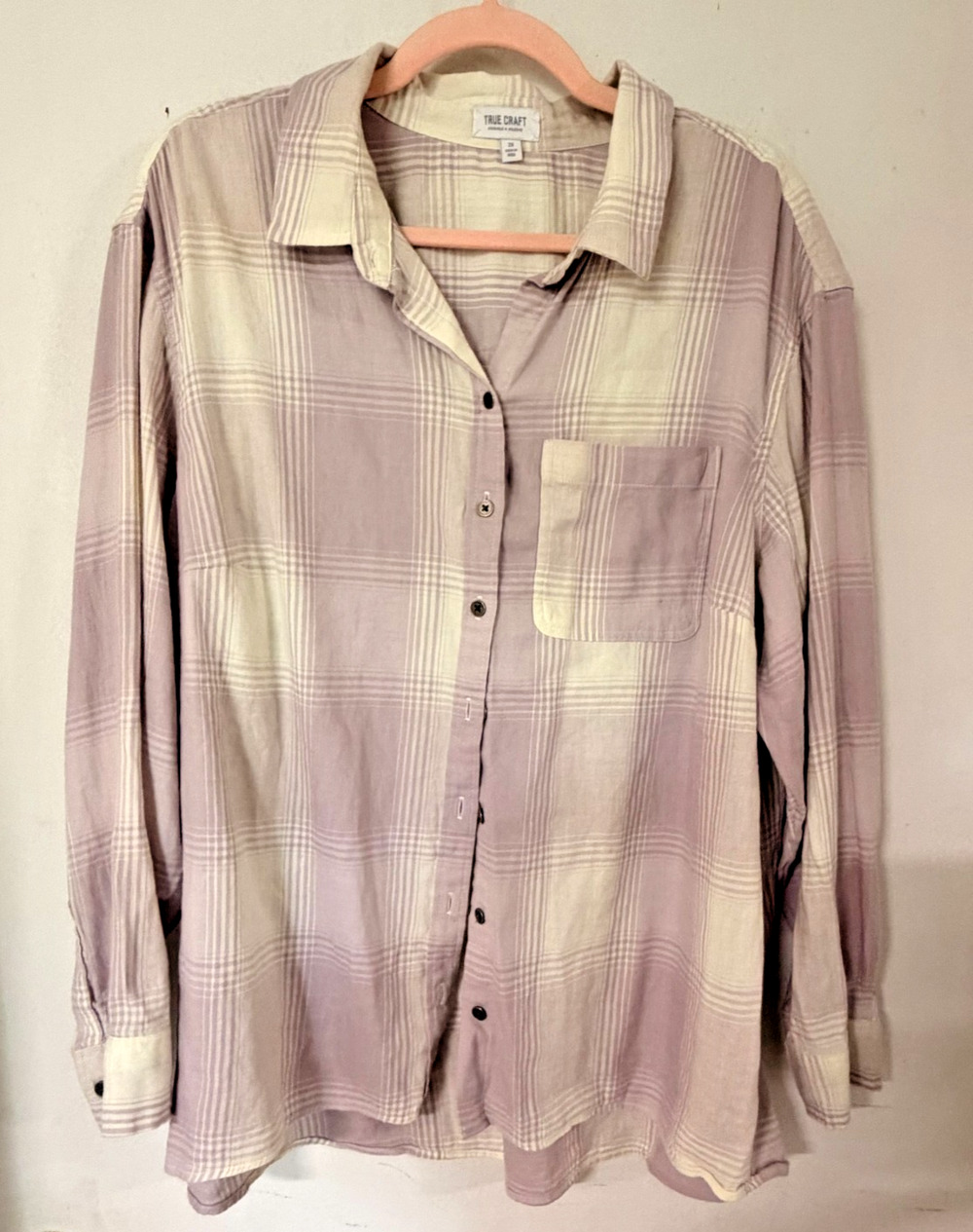 True Craft Womens Plaid Button Up Shirt Purple Cream Long Sleeve Plus Size 2X